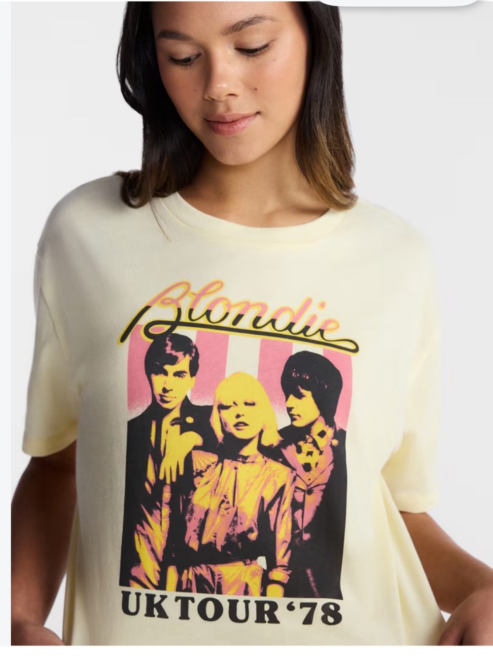 NWT No Boundaries Blondie UK Tour '78 Yellow Cropped Graphic Tee, Size XXS
